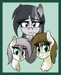 Size: 1571x1907 | Tagged: safe, artist:seafooddinner, oc, oc only, oc:meadow frost, oc:snowfall, oc:tundra tracker, yakutian horse, :p, chest fluff, cute, group photo, simple background, smiling, tongue out