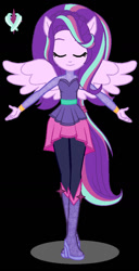 Size: 528x1028 | Tagged: safe, artist:velvetglimmer, oc, oc only, oc:velvetglimmer, equestria girls, g4, black background, boots, eyes closed, female, high heel boots, not starlight glimmer, ponied up, shoes, simple background, smiling, solo, spread wings, wings