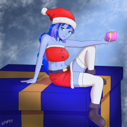 Size: 1200x1200 | Tagged: safe, artist:empyu, princess luna, vice principal luna, equestria girls, g4, bare shoulders, boots, christmas, clothes, female, hat, holiday, looking at you, midriff, present, santa hat, shoes, skirt, solo, stockings, thigh highs, tube top