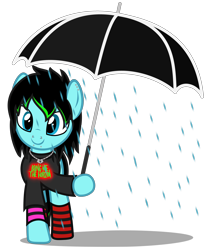 Size: 3064x3712 | Tagged: safe, artist:strategypony, oc, oc only, oc:scene chick, earth pony, pony, black mane, bring me the horizon, clothes, ear piercing, emo, female, high res, jewelry, mare, necklace, piercing, rain, simple background, smiling, socks, solo, striped socks, that's the spirit, transparent background, umbrella