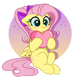 Size: 4531x4536 | Tagged: safe, artist:kittyrosie, fluttershy, pegasus, pony, absurd resolution, alternate hairstyle, blushing, bow, cute, female, hair bow, heart, heart eyes, kittyrosie is trying to murder us, mare, ponytail, shyabetes, sitting, smiling, solo, weapons-grade cute, wingding eyes
