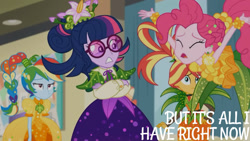 Size: 1280x720 | Tagged: safe, edit, edited screencap, editor:quoterific, screencap, pinkie pie, rainbow dash, sci-twi, sunset shimmer, twilight sparkle, equestria girls, equestria girls specials, g4, my little pony equestria girls: better together, my little pony equestria girls: holidays unwrapped, o come all ye squashful, cornucopia costumes, crossed arms, eyes closed, female, open mouth