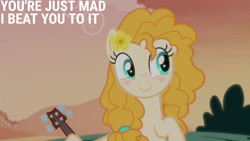 Size: 1280x720 | Tagged: safe, edit, edited screencap, editor:quoterific, screencap, pear butter, earth pony, pony, g4, season 7, the perfect pear, blushing, flower, flower in hair, guitar, musical instrument, smiling, solo