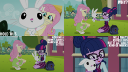 Size: 1280x720 | Tagged: safe, edit, edited screencap, editor:quoterific, screencap, angel bunny, fluttershy, sci-twi, twilight sparkle, rabbit, equestria girls, g4, my little pony equestria girls: friendship games, animal, clothes, eyes closed, female, glasses, hairpin, male, open mouth, open smile, ponytail, smiling, tank top