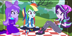 Size: 3840x1946 | Tagged: safe, artist:interstellar-quartz, rainbow dash, starlight glimmer, oc, oc:picnic starlight, equestria girls, g4, base used, beanie, clothes, female, hat, high res, open mouth, open smile, picnic blanket, shoes, sitting, smiling, torn clothes, trio, trio female