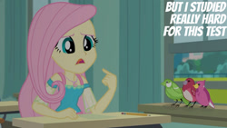 Size: 1280x720 | Tagged: safe, edit, edited screencap, editor:quoterific, screencap, fluttershy, bird, a little birdie told me, equestria girls, g4, my little pony equestria girls: better together, female, geode of fauna, jewelry, magical geodes, necklace, open mouth, pencil, pointing at self