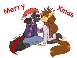 Size: 3076x2330 | Tagged: safe, artist:rensakai, oc, oc:scarlet spray, oc:soaring heart, earth pony, pegasus, anthro, christmas, clothes, high res, holiday, scarf, sweater