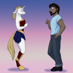 Size: 1000x1000 | Tagged: safe, artist:foxenawolf, oc, oc:caleb awad, oc:pearl belle (goldfur), alicorn, human, anthro, unguligrade anthro, fanfic:beginning anew, beard, clothes, duo, facial hair, fanfic art, female, gradient background, male, mare, parent:oc:mark wells, parent:rarity, parents:canon x oc