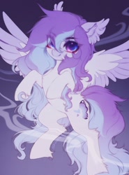 Size: 1528x2064 | Tagged: safe, artist:shenki, oc, oc only, pegasus, pony, eye clipping through hair, hair over one eye, looking at you, smiling, solo, spread wings, wings