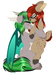 Size: 2232x3160 | Tagged: safe, artist:red_moonwolf, oc, oc:frieda, oc:geoplix, bat pony, deer, pony, 2022 community collab, derpibooru community collaboration, duo, freckles, glasses, high res, lifted up, simple background, transparent background
