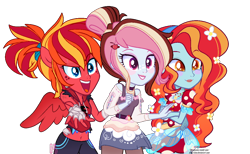 Size: 1200x738 | Tagged: safe, artist:khimi-chan, oc, oc only, oc:fable, oc:fire strike, oc:neigh-apolitan, equestria girls, g4, base used, blushing, clothes, equestria girls-ified, female, lipstick, ponied up, simple background, skirt, smiling, transparent background, wings