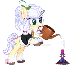 Size: 900x825 | Tagged: safe, artist:khimi-chan, oc, oc only, pony, unicorn, clothes, deviantart watermark, ear piercing, flower, horn, obtrusive watermark, open mouth, piercing, simple background, solo, transparent background, unicorn oc, unshorn fetlocks, watering can, watermark