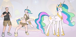 Size: 3447x1677 | Tagged: safe, artist:axiomtf, artist:prurientpie, princess celestia, oc, oc:axiom, alicorn, human, pony, g4, clothes, crown, human oc, human to pony, jewelry, loose fitting clothes, male to female, oversized clothes, regalia, royalty, rule 63, sequence, shirt, shocked, shocked expression, shoes, shorts, solo, t-shirt, torn clothes, transformation, transformation sequence, transforming clothes, transgender transformation