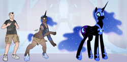 Size: 3447x1677 | Tagged: safe, artist:axiomtf, artist:prurientpie, nightmare moon, oc, oc:axiom, alicorn, human, pony, g4, clothes, female, helmet, horn, human male, human oc, human to pony, jewelry, long hair, loose fitting clothes, male, male to female, mare, moon, oversized clothes, regalia, rule 63, sequence, shirt, shoes, shorts, solo, t-shirt, torn clothes, transformation, transformation sequence, transforming clothes, transgender, wings