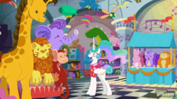 Size: 640x360 | Tagged: safe, screencap, princess celestia, alicorn, pony, between dark and dawn, g4, season 9, animated, clothes, cute, cutelestia, excited, eyes closed, female, gif, gifs.com, grin, happy, magic, mare, open mouth, open smile, plushie, ponytail, shirt, smiling, solo, telekinesis