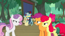 Size: 640x360 | Tagged: safe, screencap, apple bloom, loose tracks, scootaloo, sweetie belle, earth pony, pegasus, pony, unicorn, g4, growing up is hard to do, season 9, animated, apple bloom's bow, bow, crying, cutie mark crusaders, eyes closed, female, gif, gifs.com, hair bow, inhaler, laughing, male, mare, older, older apple bloom, older cmc, older scootaloo, older sweetie belle, open mouth, stallion, tears of pain