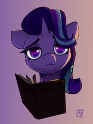 Size: 900x1200 | Tagged: safe, artist:naen, starlight glimmer, pony, unicorn, g4, book, bust, female, gradient background, lidded eyes, looking at you, mare, portrait, smiling, solo, starry eyes, wingding eyes