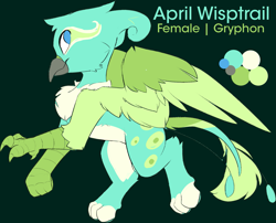 Size: 2341x1889 | Tagged: safe, artist:beardie, oc, oc only, oc:april wisptrail, griffon, female, green background, griffon oc, high res, looking at you, reference sheet, simple background, smiling, smiling at you, solo