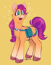 Size: 726x912 | Tagged: safe, artist:beyhr, sunny starscout, earth pony, pony, g5, my little pony: a new generation, badge, bag, eyebrows, eyebrows visible through hair, female, mare, open mouth, open smile, signature, simple background, smiling, solo, starry eyes, stars, wingding eyes, yellow background