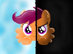 Size: 512x386 | Tagged: safe, artist:ellevb, scootaloo, pegasus, pony, g4, 2013, angry, ear piercing, earring, evil, evil scootaloo, eviloo, female, filly, foal, jewelry, piercing, smiling, solo, speedpaint, two sides, wings
