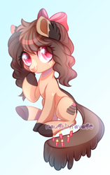 Size: 500x795 | Tagged: safe, artist:cabbage-arts, oc, oc only, oc:choco cake, earth pony, pony, bow, commission, commissioner:chococakebabe, earth pony oc, female, gradient background, hair bow, solo