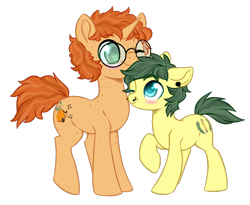 Size: 800x655 | Tagged: safe, artist:cabbage-arts, oc, oc only, earth pony, pony, unicorn, blushing, commission, commissioner:ponygreens, duo, earth pony oc, freckles, glasses, horn, male, one eye closed, simple background, size difference, transparent background, unicorn oc