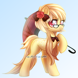 Size: 600x599 | Tagged: safe, artist:cabbage-arts, oc, oc only, oc:creamy dream, earth pony, pony, bow, bowtie, commission, commissioner:khaosarts, earth pony oc, female, flower, flower in hair, glasses, gradient background, hair bow, solo, umbrella