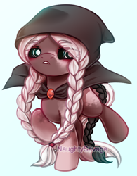 Size: 500x642 | Tagged: safe, artist:cabbage-arts, oc, oc only, oc:whisper, earth pony, pony, black sclera, blue background, braided pigtails, clothes, commission, commissioner:kittyyprime, earth pony oc, female, simple background, solo