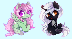 Size: 900x493 | Tagged: safe, artist:cabbage-arts, oc, oc only, oc:ken lunerbubble, oc:spectral wind, pegasus, pony, unicorn, blue background, commission, duo, female, horn, pegasus oc, simple background, unicorn oc, watermark