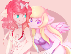 Size: 1000x754 | Tagged: safe, artist:cabbage-arts, oc, oc only, earth pony, pegasus, anthro, anthro oc, belly button, bikini, bow, breasts, cleavage, clothes, duo, earth pony oc, female, hair bow, one-piece swimsuit, pegasus oc, smiling, swimsuit
