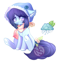 Size: 700x728 | Tagged: safe, artist:cabbage-arts, oc, oc only, oc:winter blues, earth pony, pony, chest fluff, clothes, ear fluff, earth pony oc, eye clipping through hair, female, frown, mare, palindrome get, sad, scarf, simple background, sitting, solo, transparent background, underhoof