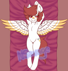 Size: 700x735 | Tagged: safe, artist:cabbage-arts, oc, oc only, pegasus, semi-anthro, arm hooves, female, lying down, on back, pegasus oc, solo, spread wings, watermark, wings