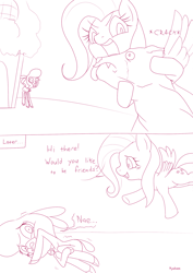 Size: 1376x1943 | Tagged: safe, artist:hyakuen, part of a set, fluttershy, harry, pom (tfh), bear, lamb, pegasus, pony, sheep, series:my medium ungulate, them's fightin' herds, g4, anatomically incorrect, comic, community related, crossover, crying, fluttershy's cottage, incorrect leg anatomy, massage, misunderstanding, monochrome, part of a series, scared, shaking, shocked, simple background, white background