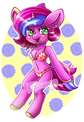 Size: 600x869 | Tagged: safe, artist:cabbage-arts, oc, oc only, unicorn, anthro, unguligrade anthro, arm hooves, bikini, breasts, cleavage, clothes, female, horn, partial background, simple background, solo, swimsuit, transparent background, unicorn oc