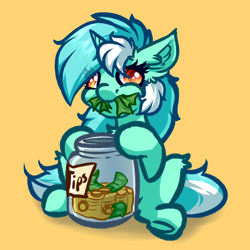 Size: 4000x4000 | Tagged: safe, artist:witchtaunter, lyra heartstrings, pony, unicorn, g4, chest fluff, derp, ear fluff, eating, faic, female, herbivore, horses doing horse things, jar, l.u.l.s., money, nom, simple background, sitting, solo, tip jar