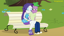 Size: 3642x2048 | Tagged: safe, artist:georgegarza01, rarity, spike, equestria girls, g4, bench, blushing, clothes, converse, eyes closed, female, geode of shielding, high res, human spike, lying down, lying on top of someone, magical geodes, male, rarity peplum dress, ship:sparity, shipping, shirt, shoes, skirt, sleeping, sleeping on someone, sneakers, straight