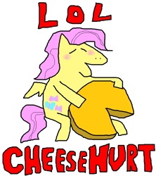 Size: 690x776 | Tagged: safe, artist:dogisaga, fluttershy, pegasus, pony, g4, 1000 hours in ms paint, blushing, cheese, eyes closed, female, food, holding, lol, lol butthurt, simple background, solo, text, white background