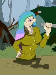 Size: 3024x4032 | Tagged: safe, artist:holdenwolfart, princess celestia, human, g4, female, flashlight (object), grin, hand on hip, humanized, jungle, looking at you, mud, smiling, solo, swamp