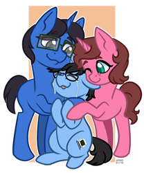 Size: 1024x1229 | Tagged: safe, artist:sabrib, oc, oc only, oc:tinker doo, pony, unicorn, colt, crying, father and child, father and son, female, foal, glasses, holding, male, mare, mother and child, mother and son, smiling, stallion, tears of joy, tribute