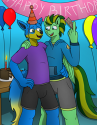 Size: 3200x4116 | Tagged: safe, artist:tacomytaco, oc, oc only, oc:jayden, oc:taco.m.tacoson, pegasus, wolf, anthro, balloon, birthday, birthday cake, cake, candle, cheek fluff, clothes, duo, duo male, ear fluff, eyebrows, fangs, folded wings, food, furry, furry oc, hand on hip, hat, hoodie, hug, lidded eyes, male, open mouth, open smile, party hat, shirt, shorts, smiling, t-shirt, wings