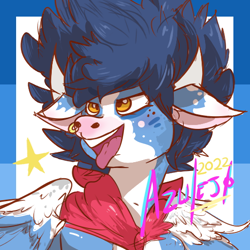 Size: 512x512 | Tagged: safe, artist:azulejo, oc, oc only, oc:azulejo, bull, pegasus, pony, 2022, bandana, bovine, horn, long hair, male, nose piercing, piercing, profile picture, tongue out, wings