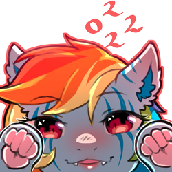 Size: 1159x1159 | Tagged: safe, artist:cold-blooded-twilight, rainbow dash, big cat, hybrid, pegasus, pony, tiger, tiger pony, g4, 2022, blushing, cute, cute little fangs, ear fluff, fangs, looking at you, open mouth, open smile, paw pads, paws, rainbow cat, simple background, smiling, solo, species swap, stripes, transparent background, underhoof, underpaw, year of the tiger