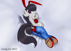 Size: 994x714 | Tagged: safe, artist:vinilyart, octavia melody, earth pony, semi-anthro, g4, arm hooves, bunny ears, bunny suit, butt, clothes, cuffs (clothes), dock, female, lying down, playboy bunny, plot, solo, tail, treblebutt