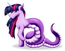 Size: 1842x1442 | Tagged: safe, artist:laszlvfx, artist:thebenalpha, twilight sparkle, lamia, pony, unicorn, g4, coils, collaboration, digital art, lamiafied, looking at you, raised hoof, simple background, smiling, solo, species swap, transparent background, twilamia