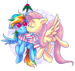 Size: 1280x1215 | Tagged: safe, artist:wicked-red-art, fluttershy, rainbow dash, pegasus, pony, g4, blushing, cheek kiss, clothes, cute, dashabetes, deviantart watermark, duo, eye clipping through hair, eyes closed, female, flying, heart eyes, holly, holly mistaken for mistletoe, kissing, lesbian, mare, obtrusive watermark, one ear down, scarf, shared clothing, shared scarf, ship:flutterdash, shipping, shyabetes, simple background, smiling, snow, snowflake, spread wings, transparent background, watermark, wingding eyes, wings