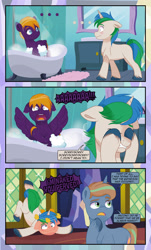 Size: 1920x3169 | Tagged: safe, artist:alexdti, oc, oc only, oc:brainstorm (alexdti), oc:purple creativity, oc:star logic, pegasus, pony, unicorn, ..., bathing, bathtub, blue eyes, blushing, comic, derp, dialogue, ears back, embarrassed, embarrassed nude exposure, eye contact, eyebrows, eyes closed, face down ass up, female, floppy ears, folded wings, frown, green eyes, gritted teeth, head in hooves, high res, horn, looking at each other, looking at someone, looking away, male, mare, mirror, nudity, open mouth, pegasus oc, screaming, shadow, shrunken pupils, speech bubble, spread wings, stallion, standing, tail, twilight's castle, two toned mane, two toned tail, unicorn oc, unshorn fetlocks, wall of tags, we don't normally wear clothes, wings, yelling