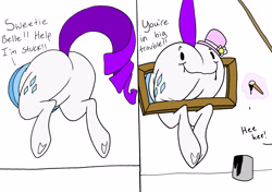 Size: 3680x2584 | Tagged: safe, artist:dynamo1940, rarity, pony, unicorn, g4, butt, buttstuck, featureless crotch, female, happy face, hat, high res, implied sweetie belle, mare, offscreen character, paint, paintbrush, plot, rearity, simple background, solo, stuck, white background, winnie the pooh