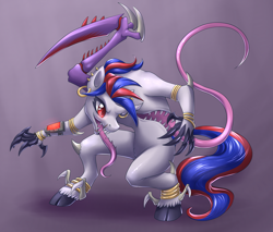 Size: 3400x2900 | Tagged: safe, artist:ailish, oc, oc:snowi, insect, unicorn, anthro, fallout equestria, anthro oc, biohazard, blue, blue hair, body horror, claws, fallout, female, female oc, full body, gold, high res, hooves, horn, insect scythe, long tongue, multicolored mane, mutant, post-apocalyptic, red and blue, red eyes, red hair, scythe, sharp teeth, teeth, tentacles, tongue out, unicorn oc, white pony