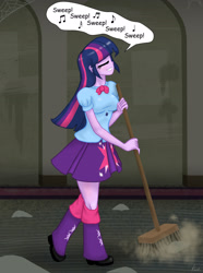 Size: 1600x2149 | Tagged: safe, artist:lennondash, twilight sparkle, human, equestria girls, g4, the saddle row review, broom, dust, equestria girls interpretation, eyes closed, grin, scene interpretation, singing, smiling, solo, speech bubble, sweeping, sweepsweepsweep