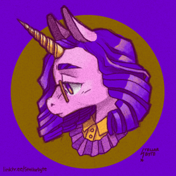 Size: 1894x1894 | Tagged: safe, artist:stellarbyte, oc, pony, unicorn, avatar, bust, clothes, collar, curly hair, cute, eyebrows, glasses, horn, pink coat, pouting, profile, purple background, purple hair, simple background, solo, unicorn horn